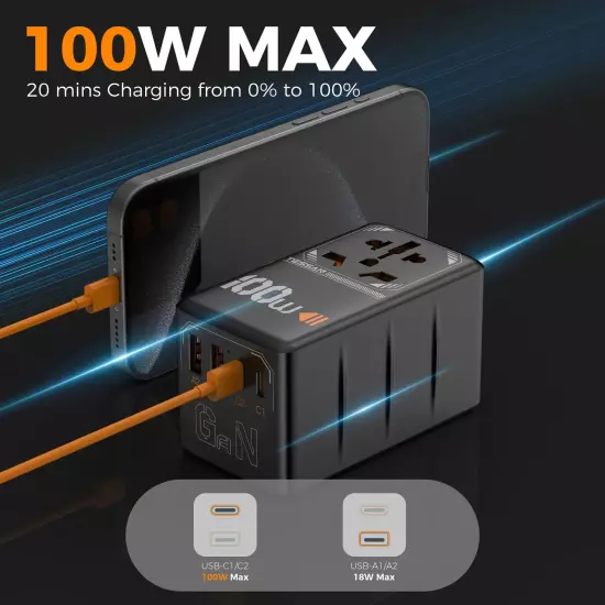 100W Travel Adapter with USB &Type C Fast Charging International Plug Adapter