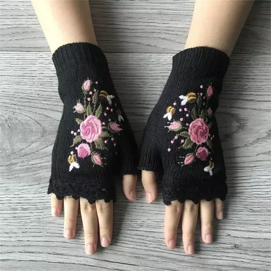 Women Handmade Embroidery Gloves Knit Gloves Flower Gloves Hand Knit Fingerless