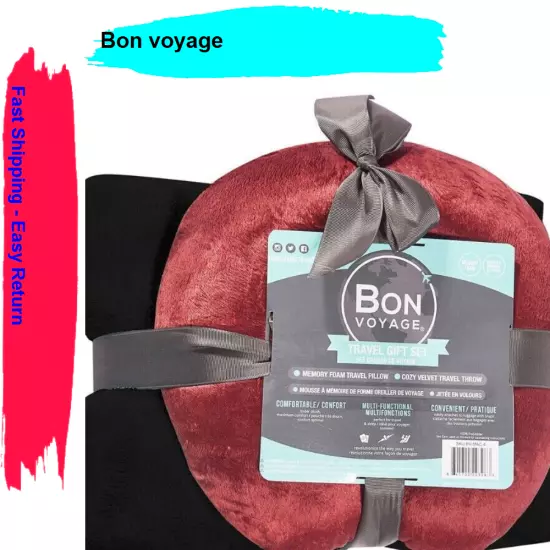 Bon Voyage Memory Foam Travel Pillow & Blanket Set Soft Plush Velvet -Gift set