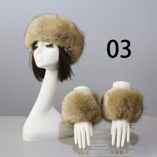 Women Wam Faux Fur Hat Cuff Set Winter Warmer Hat Arm Wrist Sleeve Gloves