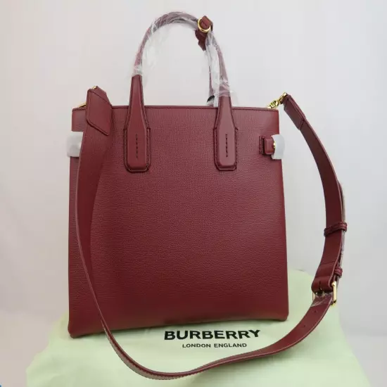 $1790 BURBERRY MD BANNER CRIMSON LEATHER CHECK CANVAS SHOULDER MEDIUM TOTE BAG