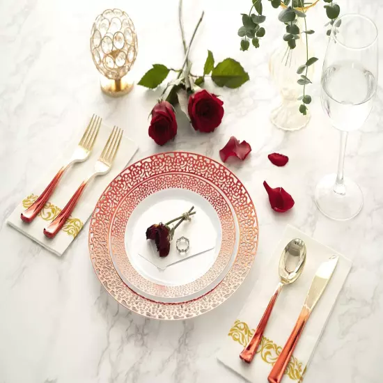 Red Plastic Dinner Plates and Red Gold Silverware - 125 Piece Disposable Prem...