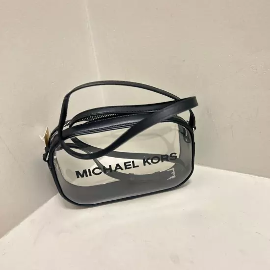 Michael Kors Jet Set Travel Medium Oval Camera Crossbody Clear Bag (Black)