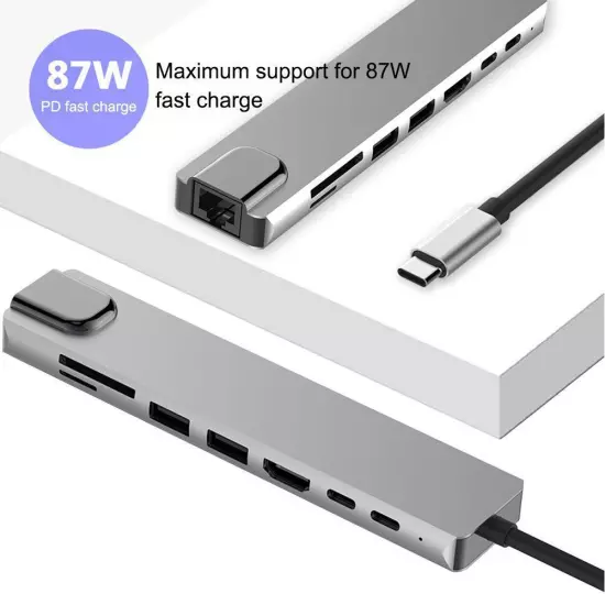 Metal 8-in-1 Docking Station USB-C Hub Type C To USB 3.0 4K HDMI PD Adapter,