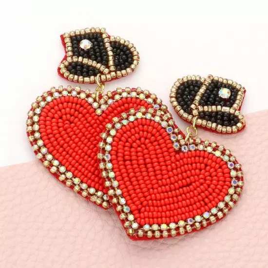 Red Felt Back Beaded Hat Heart Link Dangle Earrings