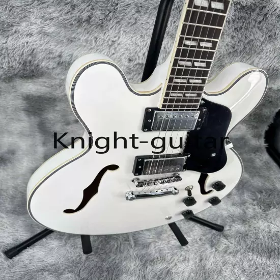 Semi Hollow ES-335 White Electric Guitar HH Pickup Black Pickguard Maple Neck 