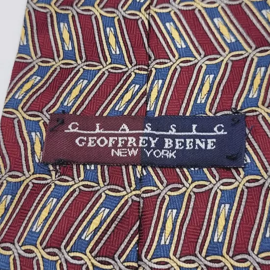 Geoffrey Beene Classic Silk Necktie USA Made Geometric Maroon Blue Yellow Shades