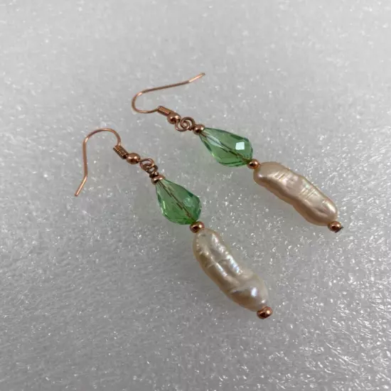 Handmade ~ Copper ~ AB Light Green Crystal and Pearl ~ 2 1/4" Drop Earrings