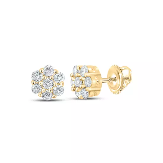 14K Yellow Gold Mens Round Diamond Flower Cluster Earrings 1/4 Cttw