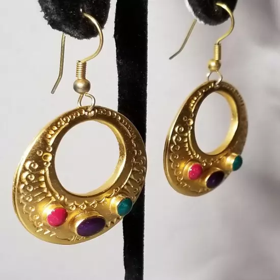 Matte Goldtone and Cabochon Earrings