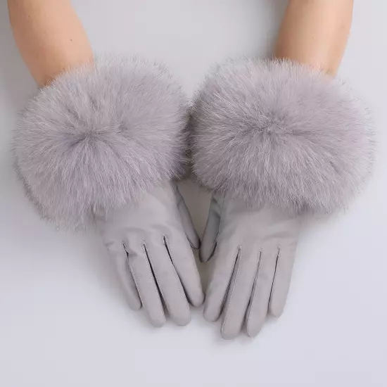 Women Genuine Lambskin Leather Gloves With Real Fox Fur Trim Cuff Winter Warm