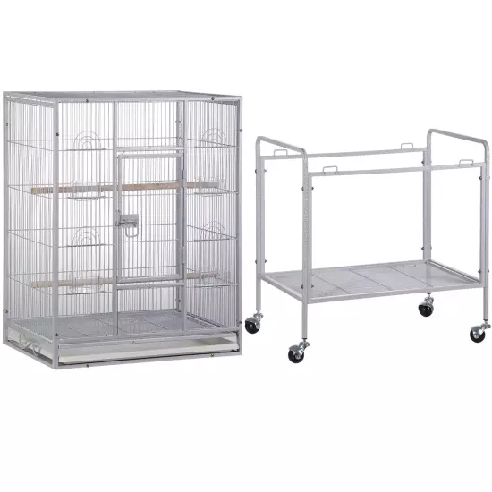 53" Parakeet Bird Cage Parrot Flight Cage Wrought Iron Rolling Stand White/Black