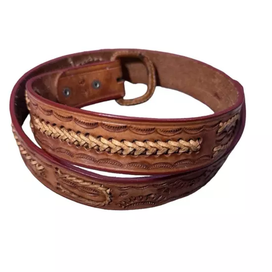 Hand Tooled Brown Leather Belt with Woven Details, Braided leather Size 38