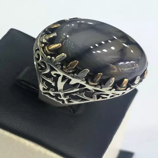 Men Silver Ring 925 Sterling Yemen Aqeeq Agate خاتم عقيق يمني شجري مصور حبة فحل