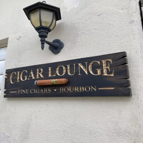 Cigar Lounge Whiskey Bar Bourbon Wood Sign Carved Rustic Tavern Antique Look