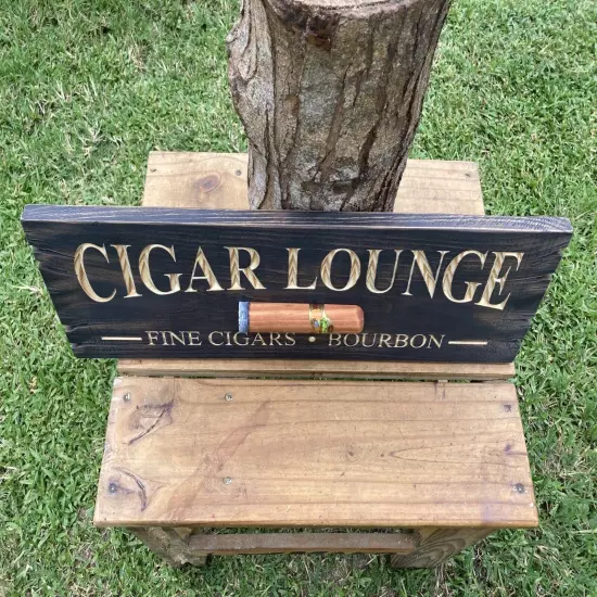 Cigar Lounge Whiskey Bar Bourbon Wood Sign Carved Rustic Tavern Antique Look