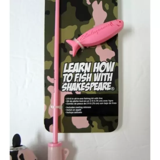 "Shakespeare Pole Fishing Kit Camo PINK Beginners Casting Rod & Reel Toy Fish 