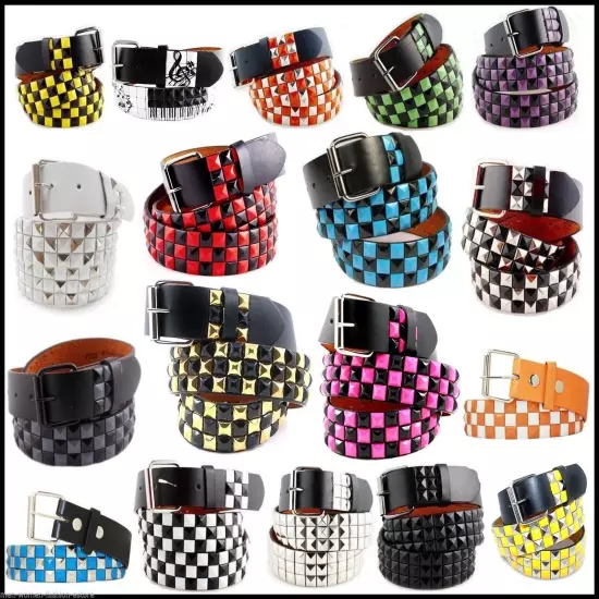 Mens Womens 3-Row Metal Pyramid Studded Leather Belt Checker Punk Rock Goth Emo