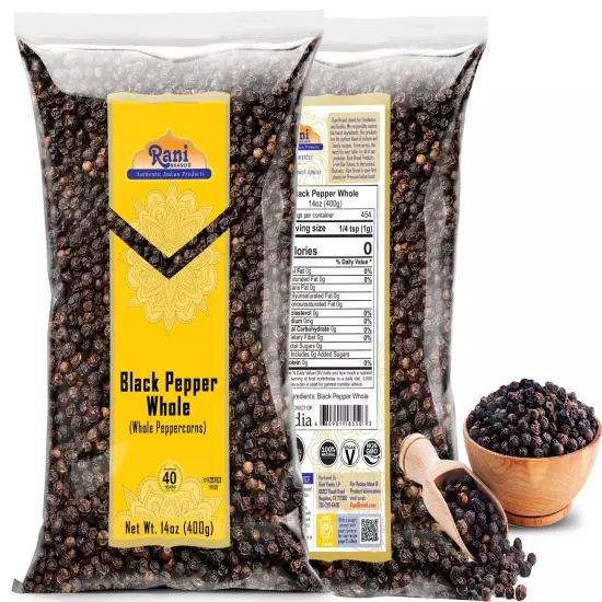 Rani Black Pepper Whole (Peppercorns), Premium Indian MG-1 Grade 14oz (400g)