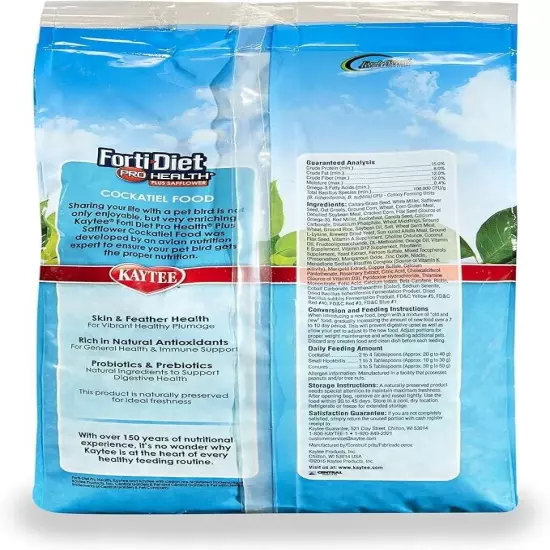 Kaytee Forti-Diet Pro Health Cockatiel Pet Bird Food with Safflower, 4 Pound