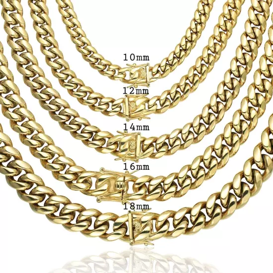 Men's Solid Miami Cuban Link Bracelet Chain 14K 18K Gold Plated Stainless Steel