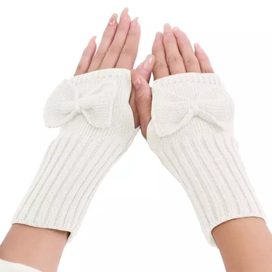 Short Bow Fingerless Gloves Autumn Winter Women's Solid Wrist Knitted Wool Glove