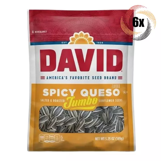 6x Bags David Spicy Queso Jumbo Sunflower Seed Bags | 5.25oz | Salted & Roasted