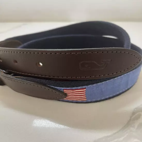 VINEYARD VINES Men's NAVY Leather Trim CANVAS AMERICAN FLAG PATRIOT BELT Size 40