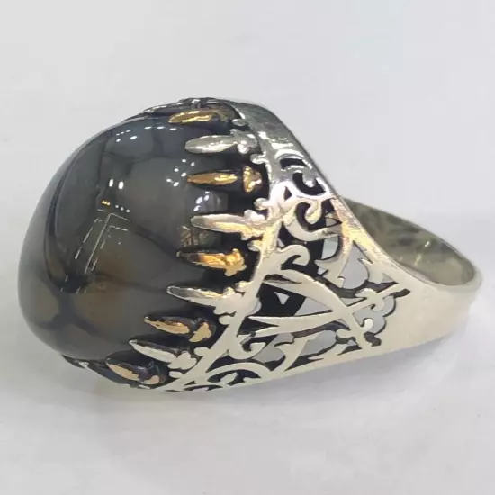 Men Silver Ring 925 Sterling Yemen Aqeeq Agate خاتم عقيق يمني شجري مصور حبة فحل