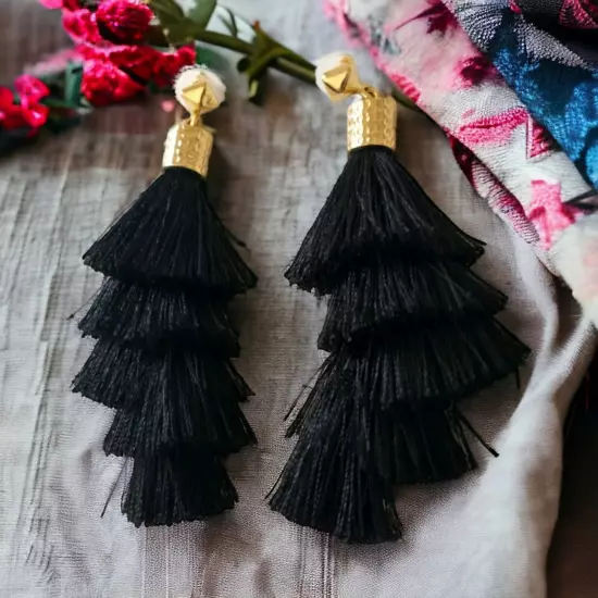 Tassel Dangle Earrings Long Witchy Black Gold Tone Lightweight Gypsy Boho Hippie