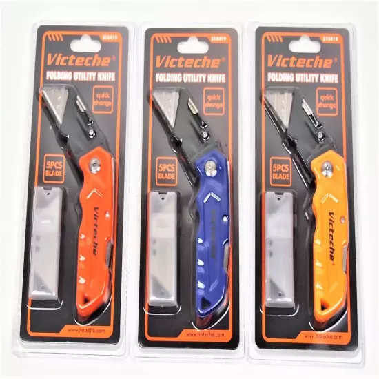 3PC Folding Lock-back Utility Knife With 24 Blades 3 Colors