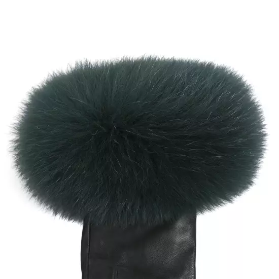 Women Genuine Lambskin Leather Gloves With Real Fox Fur Trim Cuff Winter Warm