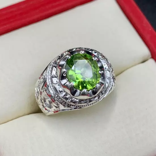 Natural Mens Peridot Ring, Handmade Peridot Ring For Men 925 Sterling Silver