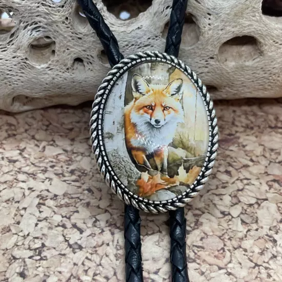 Rustic Fox Western Leather Bolo Tie Lariat Necklace Wedding Gift Dad Son Husband