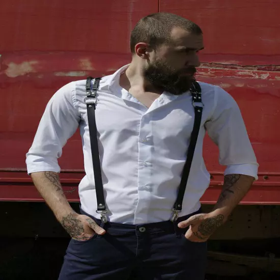 Mens Leather Suspender Braces Y-Back Snap Hook Adjustable Belt Trousers