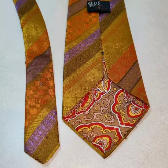 Vtg BJE Ernst Tie Orange Gold Brown Stripes Paisley Robinsons Union Made 54"