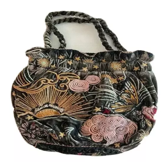 Johnny Was Pouch Bag Selah Velvet Winter Embroidery S Grey Flower Jasper New