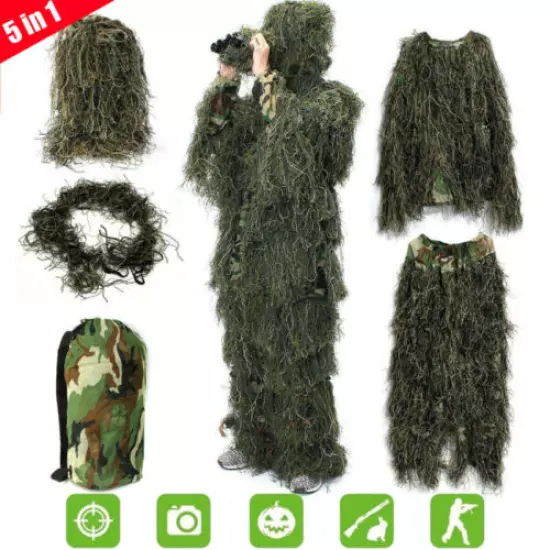 New Ghillie Suit S/XLL Camo Woodland Camouflage Forest Hunting 3D 4-Piece + Bag