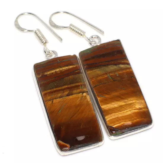 925 Silver Plated Tiger Eye Ethnic Earrings Handmade Jewelry Size 2" GW