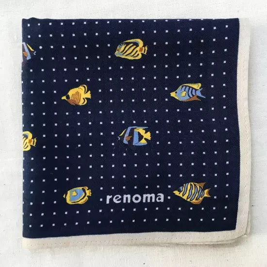 Vintage Handkerchief Blue Cotton Polka Dot & Clownfish Pattern Pocket Square 18"