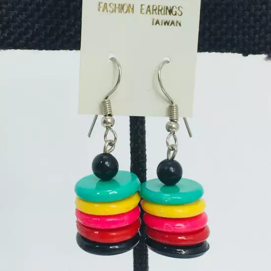 Vintage Rainbow Beaded Earrings Dangle Pierced Ear Disc Beads