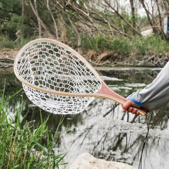 Fly Fishing Landing Net Wooden Handle Rubber Mesh Trout Catch Release Net 62cm