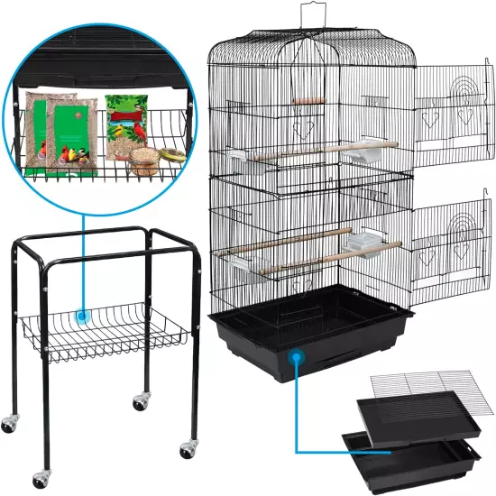 59.3 Inch Medium Pet Bird Cage with Detachable Rolling Wrought Iron Stand for Co