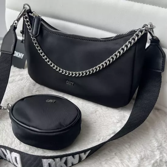 DKNY Black Cairo MD Pouchette Crossbody Bag with Airpod Case Pouch MSRP $128 NWT