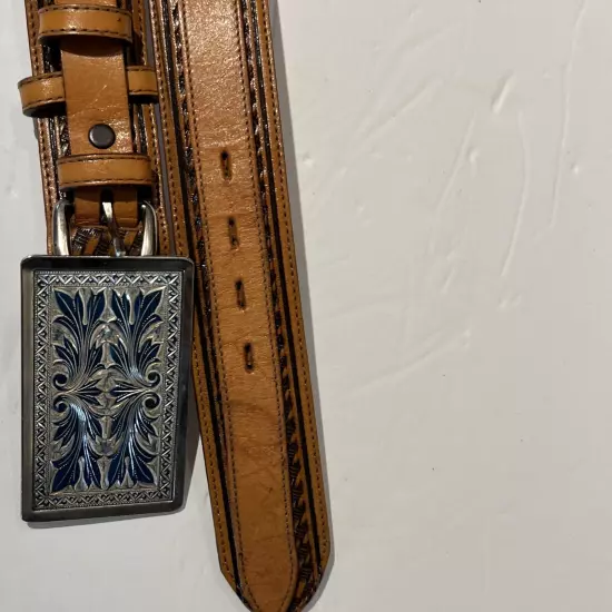 Men Leather Belt Cowhide Silverado USA Size 40 Is 45”long Aqua Silvertone Buckle