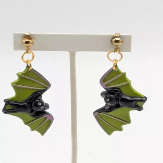 Spooky Cute Bat Clip On Earrings Green Wingspan Halloween