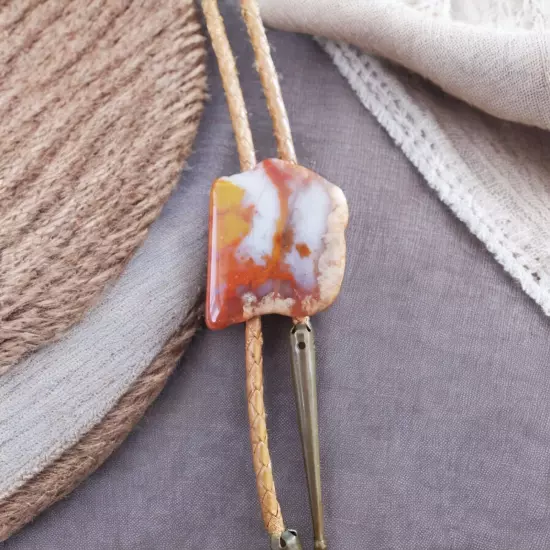 Vintage Natural Polished Orange Agate Bolo Tie Western - Mint Cord