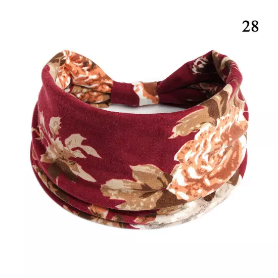 Women Boho Flower Print Wide Headband Vintage Knot Elastic Turban Headwrap *