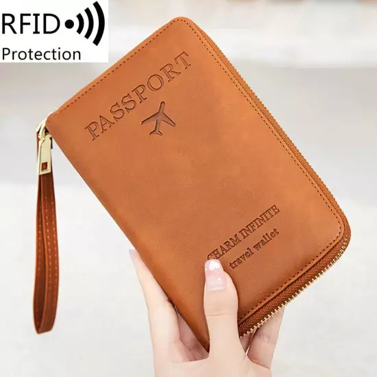 RFID Leather Travel Passport Case Cover Zipper Wallet Card Holder with Wristband