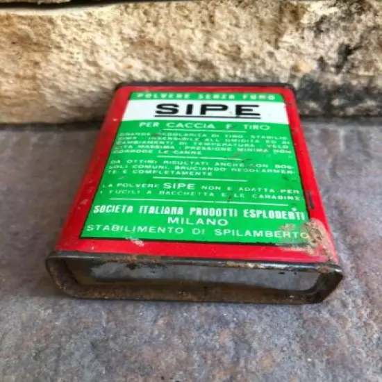 VINTAGE GREEK GUN HUNTING POWDER TIN EMPTY BOX "SIPE SOCIETA ITALIANA MILANO"